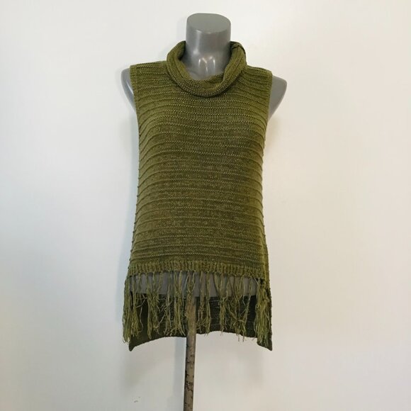 Esprit Olive Green Sleeveless Cowlneck Fringe Front Knit Top Size XL - Picture 1 of 13